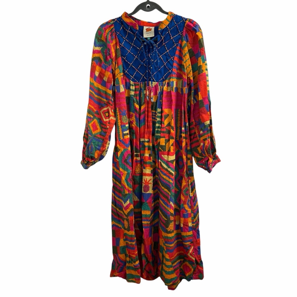 FARM RIO Summer Patches Embroidered Tunic Linen Midi Boho Dress Women Size Small